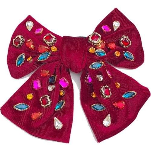 Handmade Large Bow Hair Clip Wine Red Velour Rhinestone Beaded Hairpin Korean Wedding Bride Velvet Headpiece Hair Accessories