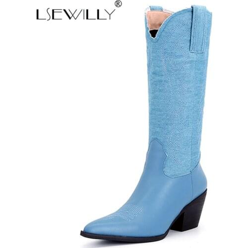 Lsewilly Fashion Microfiber Leather Women Boots Pointed Toe Western Cowboy Boots Women Knee-High Boots Chunky Wedges Shoes