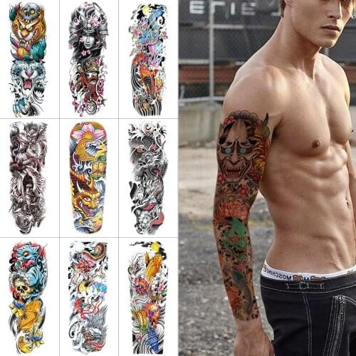 Full arm temporary tattoo sticker Watercolor men sleeve tattoo Dragon lion wolf Fox flower Large waterproof Arm body art tattoo