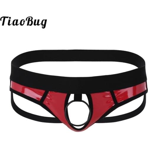 TiaoBug Men Faux Leather Open Back and Hollow Out Jockstrap Male Sexy Underwear Bikini G-string Underpants with Metal O-Ring