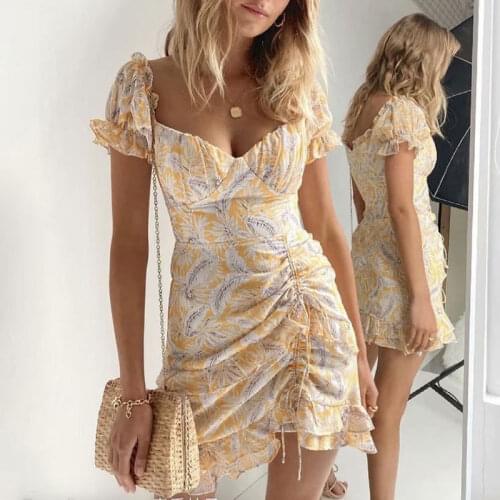 Yellow Feather Print Dress New 2021 Summer Drawstring Lace Fungus Casual High Waist Seaside Vacation Beach Short Skirt Wholesale