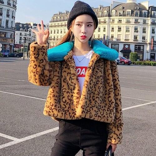 Women 2020 Winter Fashion leopard patchwork FAUX Fur Coat Korean sweet girls casual short Fake Fur Jacket Chaquetas Mujer A131