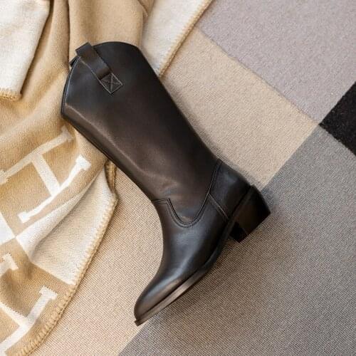 High-quality Cow Leather Knee-High Chelsea Boots Slip-on Pointed Toe Women Boots Fashion Heel Shoes Woman Handmade Size 34-43