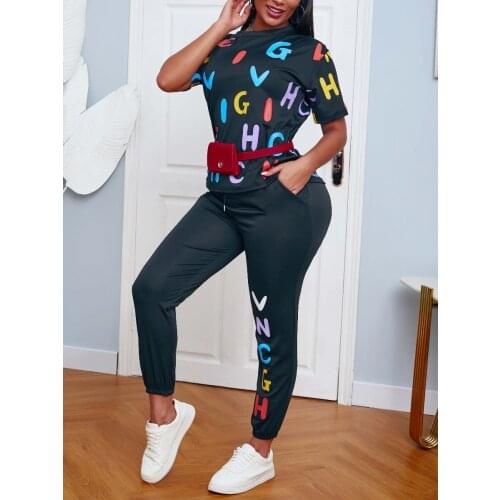 Classic Letter Printed Casual Home Wear Tracksuit Two Piece Outfits For Women Sets Summer Pullover Tee Sweatpants Summer 2021