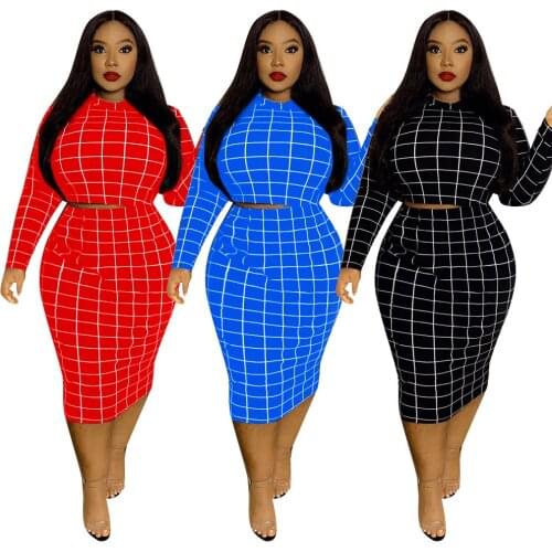 Cutubly Skinny Sexy Women Two 2 Piece Set Outfits Fashion Plaid Print Girl Skirts Sets Long Sleeve T Shirt And Maxi Skirt Suit