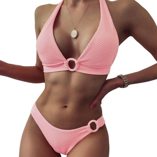 Women Split Swimsuit Solid Color Ring Connected Bikini European And American Fashion Sexy Beachwear Summer Spa Beach Surf Sport