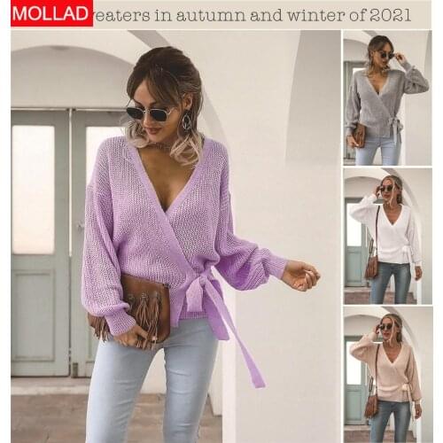 2021 New Autumn and Winter V-neck Lace-up Temperament Commute Cardigan Loose Female Knitting Sweater