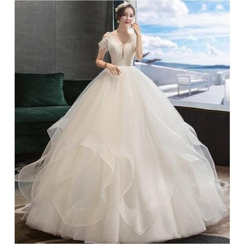 With Pearls in Bust Tassel Ruffles Ruched V-Neck Wedding Dresses 2021 New Luxury Ball Gown Wedding Dress Vestido De Noiva