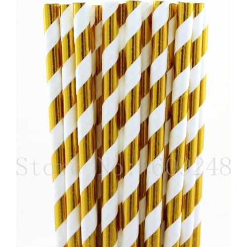100pcs Metallic Gold Foil Striped Paper Straws for Wedding Christmas Party Decoration,Anniversary Bridal Shower Hollywood Straws