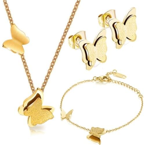 316l Stainless Steel Rose Gold Butterfly Necklace Bracelet Earrings Womens Fashion Cute Matte Double Butterfly Jewelry Set