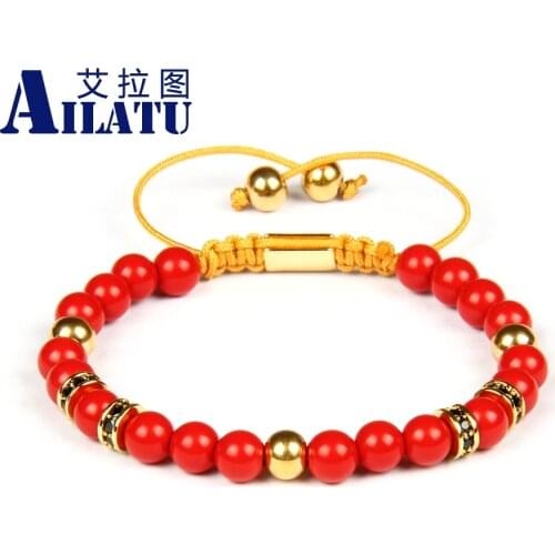 Ailatu Brand Men Bracelet Black Cz Spacer Beads Macrame Couples Bracelets with 6mm Cinnabar Beads Top Quality 10pcs/lot