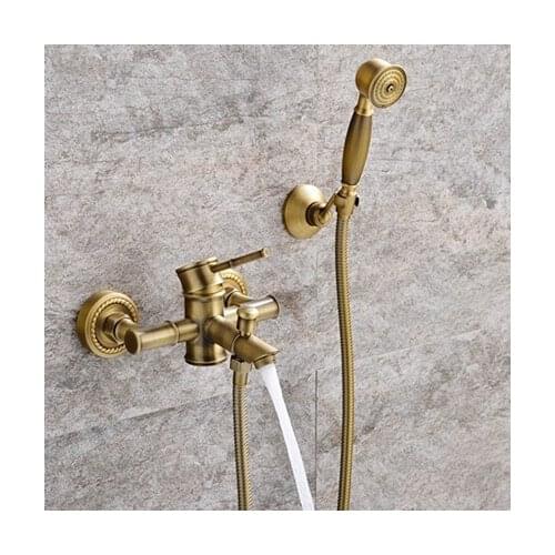 Antique Brass Bathroom Faucet Set with Shower Water Mixer Wall Mounted Water Tap Bathtub Faucet