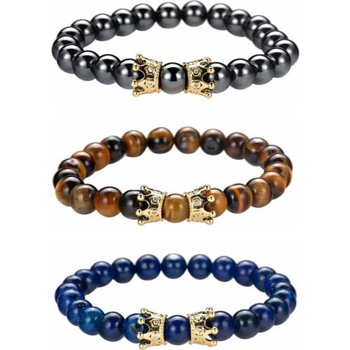 ASHMITA CZ Rhinestone King Crown Bracelets Natural 8MM Stone Crystal Beads Bracelet Yoga Chakra Beaded Bagnle for women men