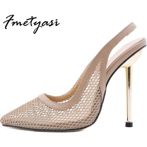 Woman High-heeled Sandals Air Mesh Sewing Thin Heels Hollow Ankle Strap Super High Heels Pointed Toe Summer Breathable