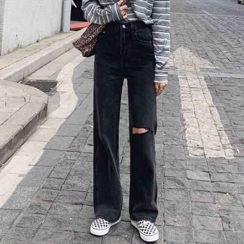 Large womens pants 2021 spring and summer new high waist pants loose straight Pants Black gradient Wide Leg Jeans