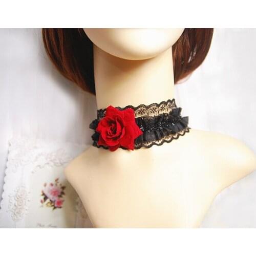 Handmade Gothic Victorian Black Lace Choker with Red Rose Lolita Necklace Accessories