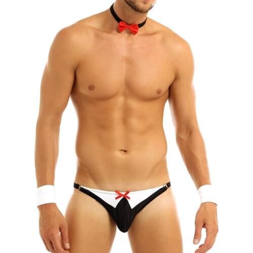 Swimming men swimwear Butler Lingerie Bow Tie Tuxedo Thong G-string Briefs with Collar and Bracelets Gay mens bikini swimwear