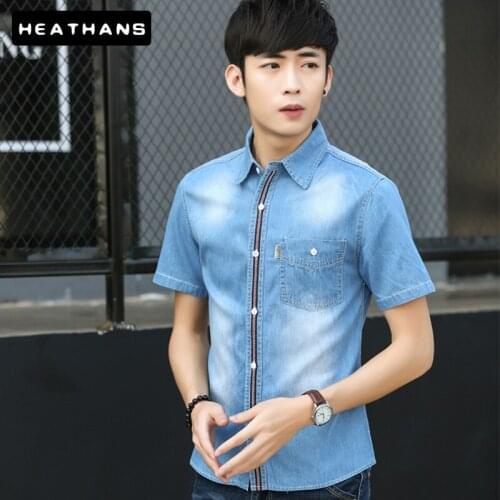 Summer Denim Shirts Mens Personality Thin Short Sleeved Blue Denim Shirt Male Slim Cotton Fashion Casual Men Coats Dropshipping