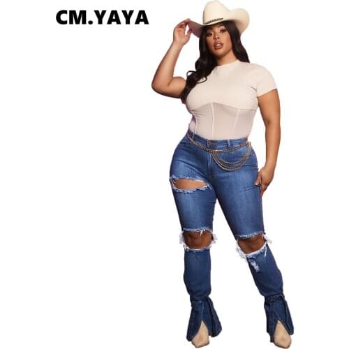 CM.YAYA Women Jeans Solid Hole Ripped Pockets Ziopper Mid Waist Strechy Long Flare Jeans Sexy Fashion Streetwear Denim Pants
