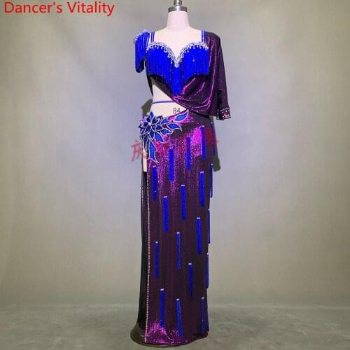 Customized Belly Dance Performance Costume Bra Single Sleeve Tassel Robe Set Opening Dance Oriental Indian Drum Dance Stage Wear