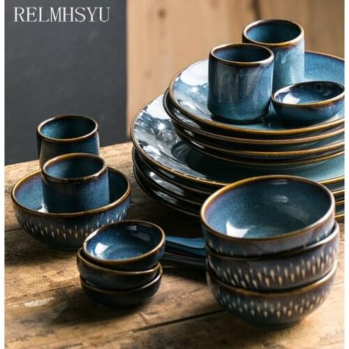 1PC RELMHSYU European Style Retro Ceramic Rice Noodle Soup Bowls Round Steak Dessert Dinner Plates Dishes Household Tableware