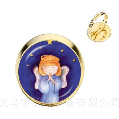 Lovely Romantic Christmas Angel Series Pattern 16mm Round Glass Cabochon Handmade Adjustable Rings For Glamorous Xmas Gift