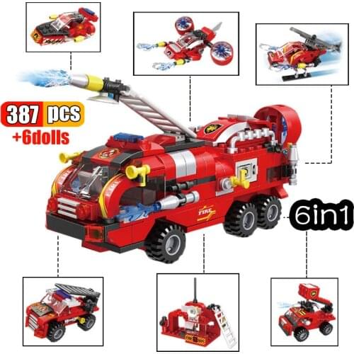 387Pcs 6 IN 1Police Fire Fighting Trucks Model Building Blocks Rescue Airplane Boat City Firefighter Firemen Figures Bricks Toys
