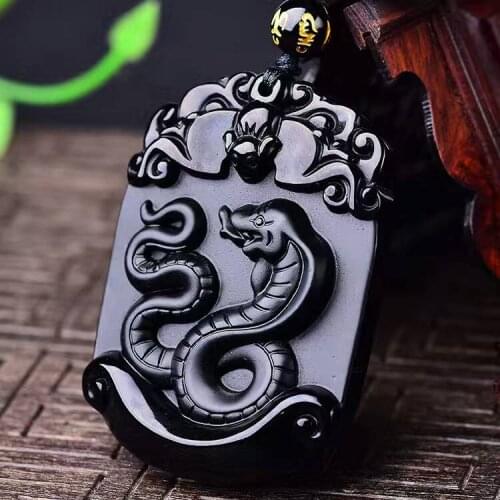 Collares Beautiful Handmade Natural Obsidian Carved Chinese Zodiac Snake Pendants + Free Necklace Fashion Woman Mans Jewelry
