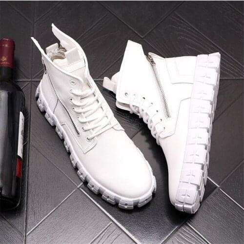 Leather Men High Top Shoes PUNK Hip Hop Thick Bottom ZIP Ankle Boots Zapatillas Hombre