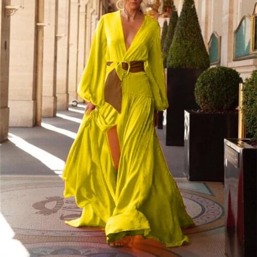 Autumn Women Deep V Neck Solid Loose Long Dress Spring Lantern Long Sleeve Maxi Party Dress Casual Vintage Floor-Length Dresses