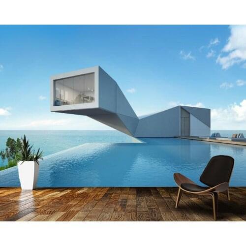 Papel de parede Sea view villa and swimming pool modern building 3d space wallpaper mural living room wall papers home decor