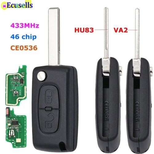 2 Buttons Flip Remote Key with ID46 chip For Peugeot 207 307 2005 2006 2007 2008 2009 CE0536 models HU83/VA2 blade