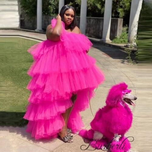 Puffy Ruffled Tiered Tulle Dress Long Floor Length Strapless Women Tutu Skirts Party Night Dresses Fuchsia Photoshoots Gowns