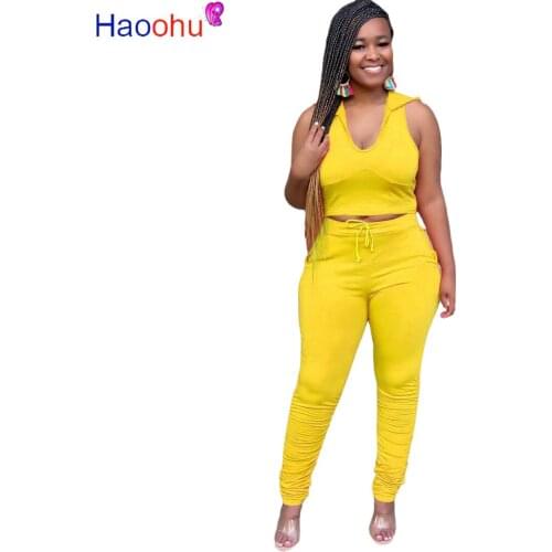 HAOOHU Sexy Two Piece Set Women Summer Tracksuit Crop Top Stacked Leggings Sweat Pants Suits Lounge Wear Outfits Matching Sets