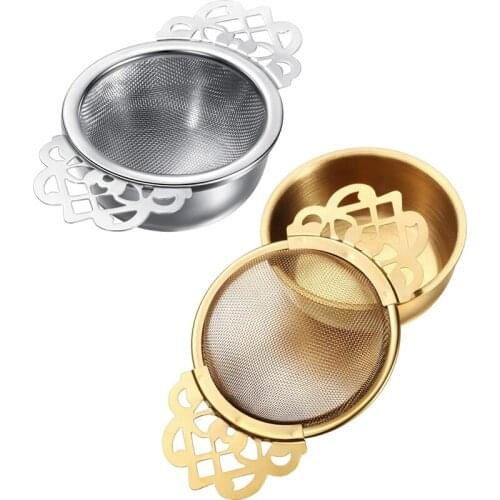 Tea Strainer with Dripping Bowl, Mesh Teapot, Stainless Steel Pine Leaf Tea Strainer, Double Winged Handle, 2 Pieces, Silver and