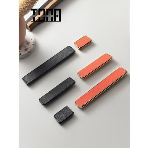 Modern Luxury leather handle Lychee pattern High-end orange Furniture Pulls Nordic style dresser knobs cabinet hardware