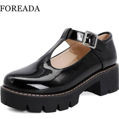 FOREADA T-tied Shoes Patent Leather High Heel Platform Thick Heel Pumps Round Toe Fashion Buckle Female Footwear Autumn 34-43