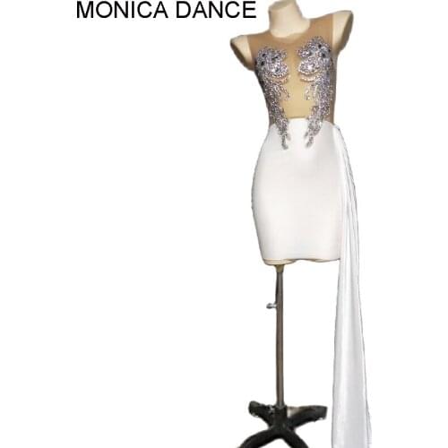 4 Colors Sparkly Silver Stones Mesh Pink Blue Black White Velve Transparent Dress Birthday Celebrate Evening Party Dancer Dress