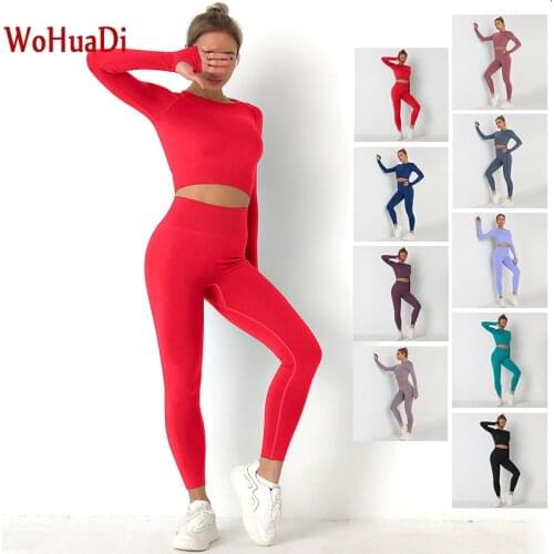 WOHUADI Knitted Solid Seamless Long Sleeve T-Shirt/High Waist Leggings Gym Sports Yoga Set Women Fitness Wear Workout Athletic