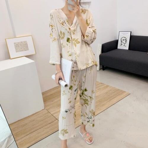 Womens Cotton Cardigan Ladies Home Clothes Half Sleeve Tops with Long Pants Pajamas Suit Printing Woman Clothes Pajama Set