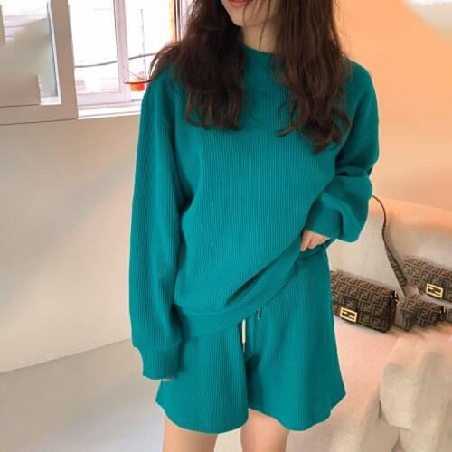 2021 Women Spring Casual Tracksuits Leisure Two Piece Shorts Set Full Sleeve Pullover Sweatshirt +Drawstring Wide Leg Shorts