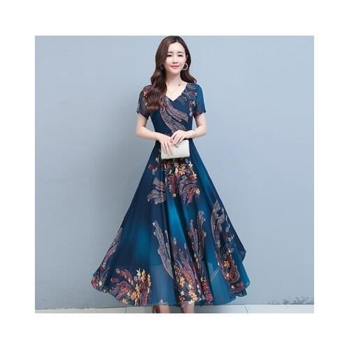 Plus Size Dress Women Chiffon Short Sleeve V-neck A-line Long Floral Print Sukienka Vestido De Festa Ropa Mujer 5753