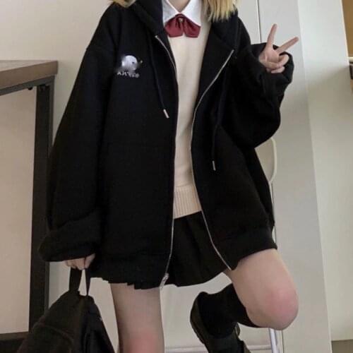 2021Kawaii Zip Up Hoodie BlackWomen Long Sleeve Harajuku Panda Ear Zipper Sweatshirts Korean Fashion Womens Autumn winterCoaT