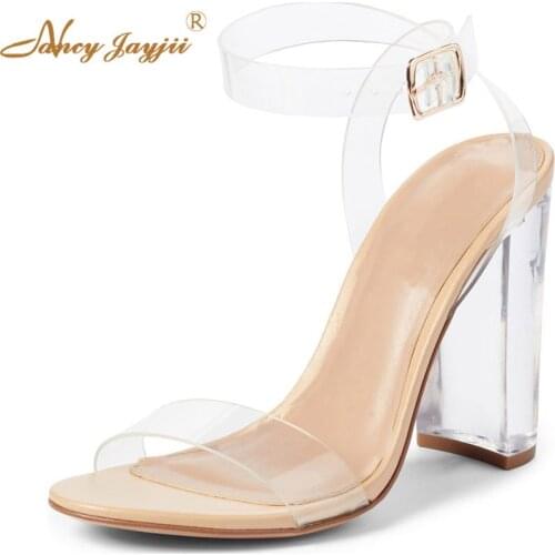 2019 PVC Transparent High Chunky Heels Open Toe Sandals Woman Clear Buckle Strap Dress Mature Fashion Beautyfeet Shoes 4-16