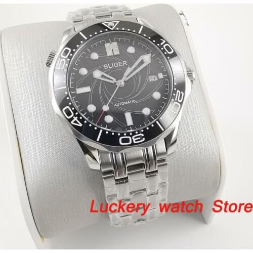 41mm bliger luxury mens watch black dial saphire glass;Spin Ceramic Bezel Stainless steel strap Automatic movement mens watches