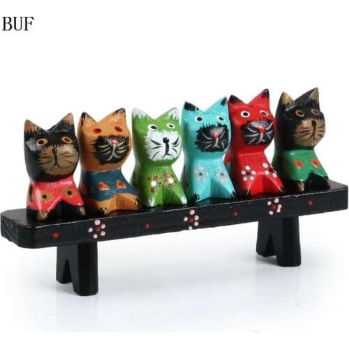 BUF 6Pcs/Set Southeast AsiaStyle Wooden Cat With Desk Ornament Statue Creative Handmade Home Decoration Accessories Wedding Gift