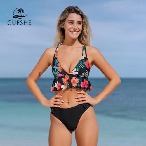 CUPSHE Black Floral Ruffled Mid-Waist Bikini Sets Swimsuit Women Sexy Tank Top Two Pieces Swimwear 2021 New Beach Bathing Suits