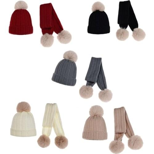 Childrens Knit Hat Scarf 2 Pieces Set Winter Warm Cap Kids Baby Boy Girl Faux Fur Pom poms Soft Hat Scarves TD469