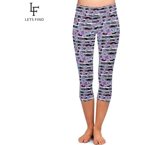 LETSFIND Summer New Colored Butterflies Print Women Plus Size Capri Leggings High Waist Soft Silm Fitness Mid-Calf Leggings