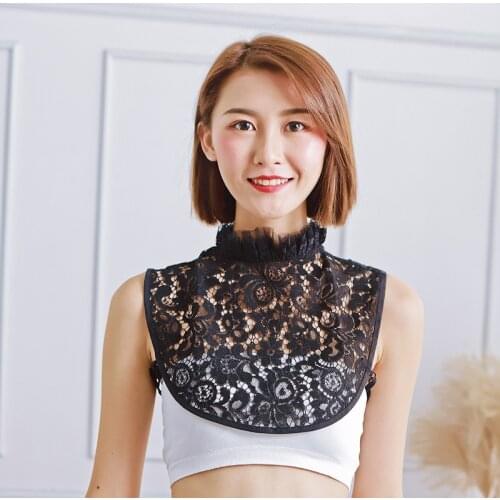 Linbaiway Ladies Women Chiffon Shirt Blouse Lapel Fake Detachable Collar Lace Embroidery Neckwear Solid Color Flase Collar Tie